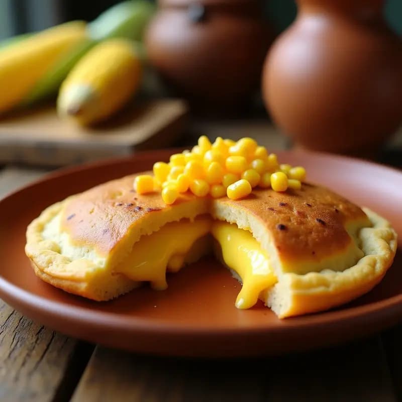Arepas doradas de choclo con queso derretido y choclo desgranado salteado en primer plano, servidas en plato de barro con fondo rústico. Receta colombiana dulce-salada.