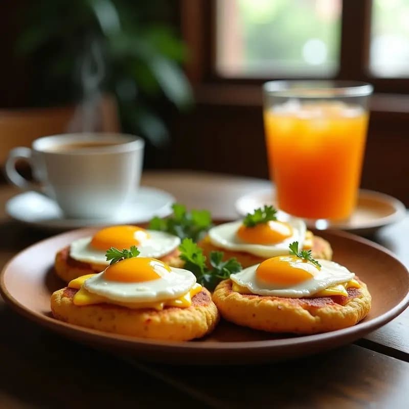 Plato rústico de madera con arepas de choclo doradas rellenas de queso fresco derretido, coronadas con huevos fritos de yema líquida y cilantro fresco. Desayuno colombiano gourmet con textura crujiente y cremosa.