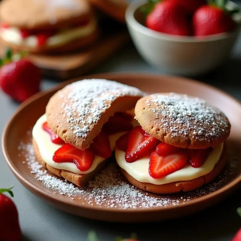 Arepas doradas de chocolatada abiertas por la mitad, rellenas de queso crema suave y láminas de fresas frescas, espolvoreadas con azúcar glass sobre un plato de madera rústica. Desayuno colombiano dulce y colorido.