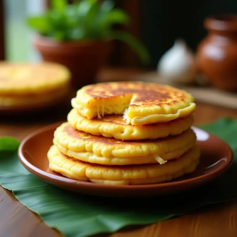 Plato blanco con cuatro arepas doradas de chócolo rellenas de queso campesino derretido, servidas sobre hoja de plátano, con granos de maíz fresco al lado. Receta colombiana tradicional.