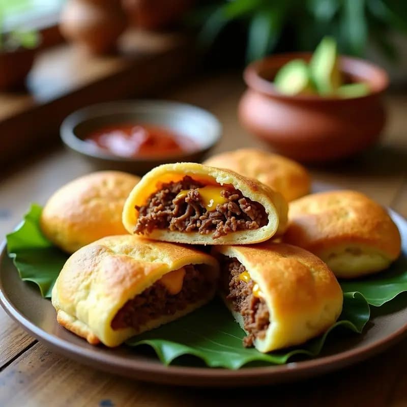 Arepas colombianas doradas y crujientes abiertas por la mitad, rellenas de arebia desmenuzada jugosa y queso costeño derretido, servidas en un plato de barro rústico con fondo de comal humeante.