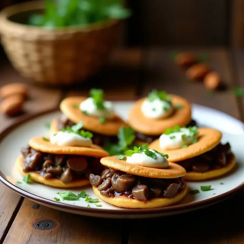 Arepas doradas y esponjosas rellenas de un guiso cremoso de champiñones portobello y queso de almendras derretido, servidas en plato de barro con hierbas frescas. Receta vegana colombiana sin gluten.