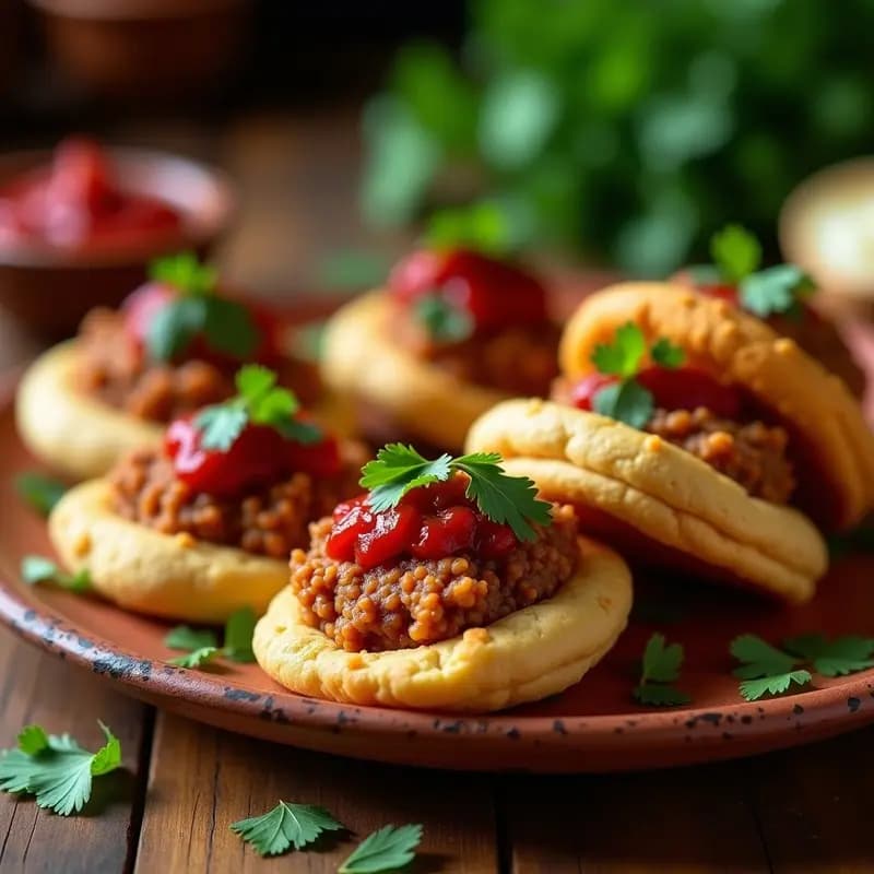 Arepas colombianas doradas y crujientes rellenas de chorizo vegano de lentejas y remolacha, acompañadas de hogao casero (salsa de tomate y cebolla). Plato tradicional sin gluten, servido en un plato de barro rústico con cilantro fresco.