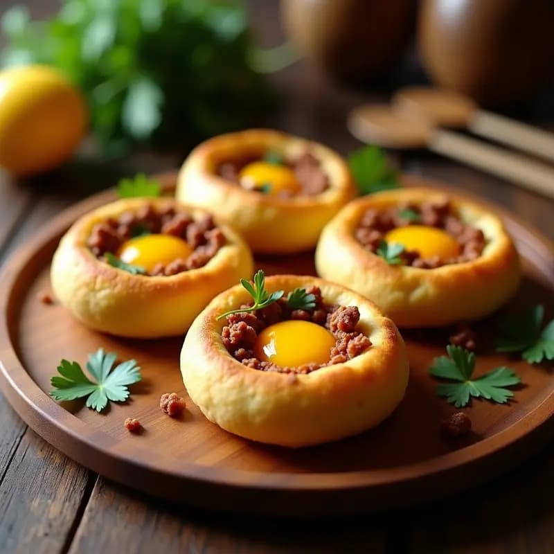 Arepas colombianas doradas y esponjosas rellenas de huevo escalfado con yema líquida y chorizo criollo desmenuzado, decoradas con cilantro fresco. Plato tradicional servido en bandeja de madera rústica.