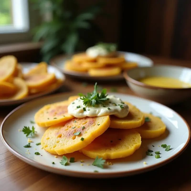 Arepas colombianas doradas en sartén, rellenas de queso derretido y cubiertas con hogao criollo. Plato tradicional con cilantro fresco.