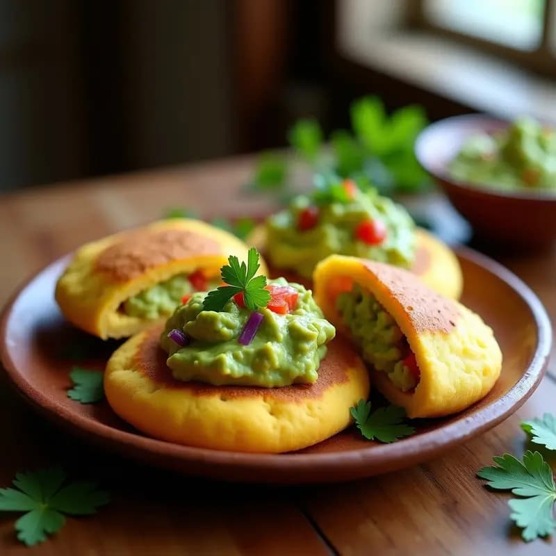 Arepas doradas de ñame y elote abiertas por la mitad, rellenas de guacamole cremoso con trozos de tomate y cebolla morada, servidas en un plato rústico de barro con hojas de cilantro fresco.