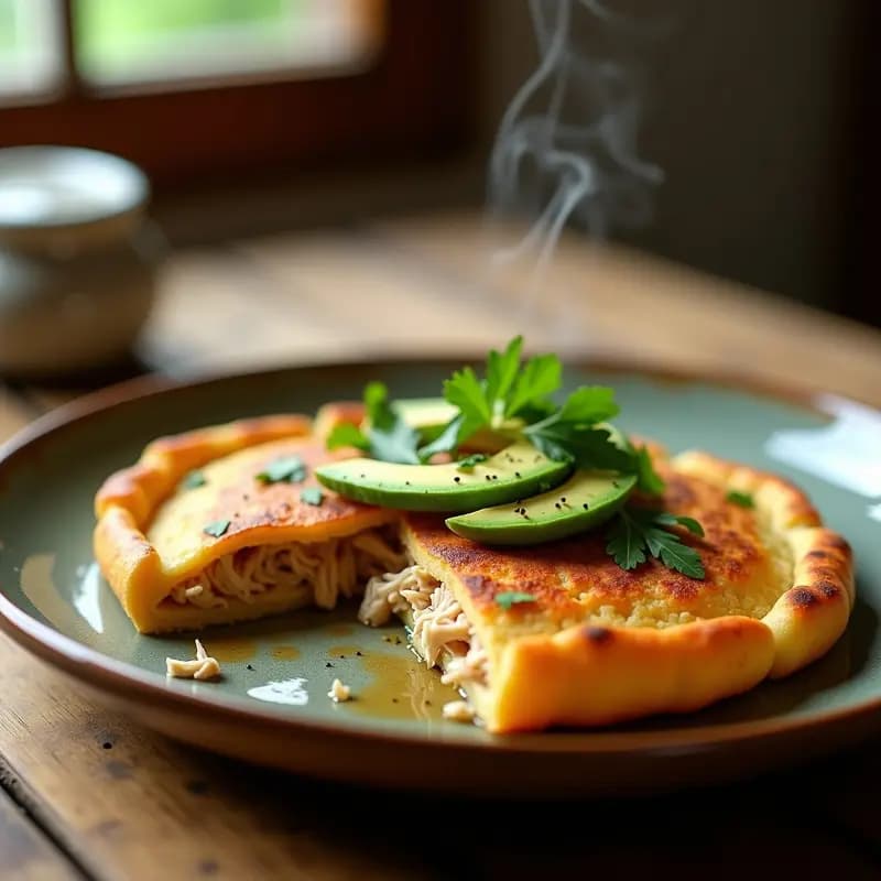 Arepas colombianas doradas y crujientes rellenas de pollo desmechado especiado con achiote, trozos cremosos de aguacate y cilantro fresco, servidas en un plato de barro rústico con fondo de cocina tradicional.