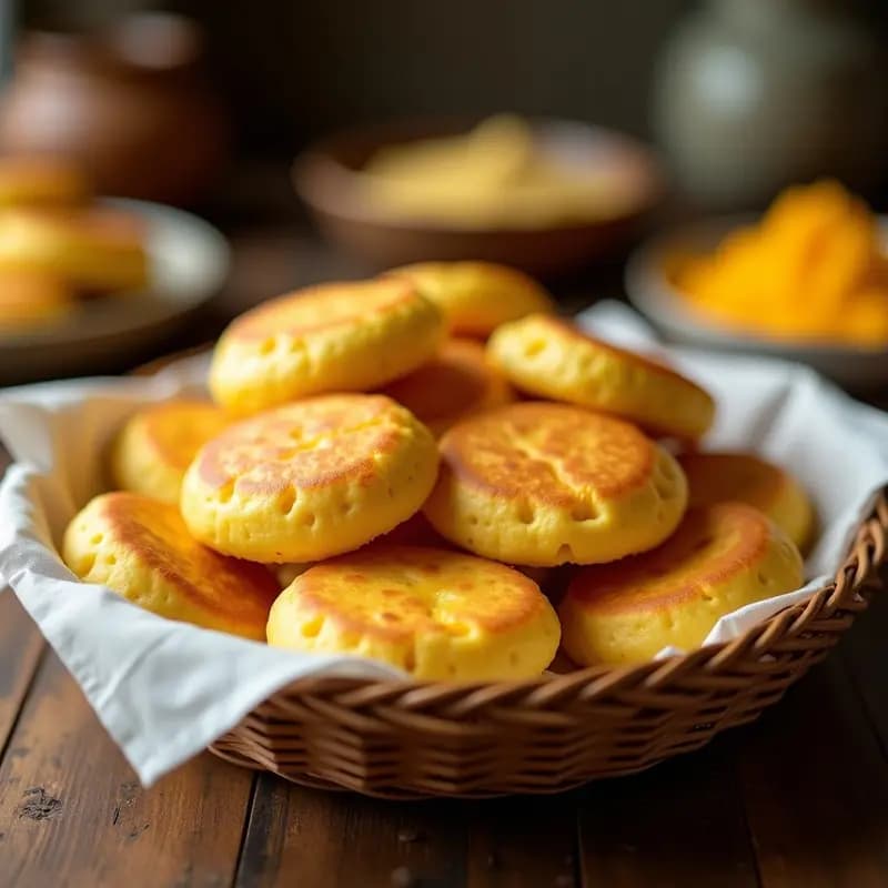 Arepas colombianas doradas y crujientes de maíz amarillo rellenas de queso derretido, servidas en una canasta de mimbre sobre fondo rústico. Receta en airfryer.