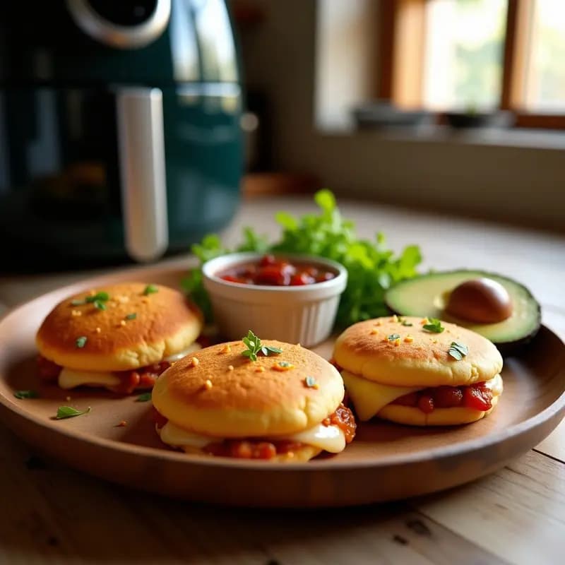 Arepas colombianas doradas y crujientes rellenas de chorizo y queso derretido, servidas en un plato de madera con acompañamiento de hogao y aguacate, receta en airfryer sin aceite.