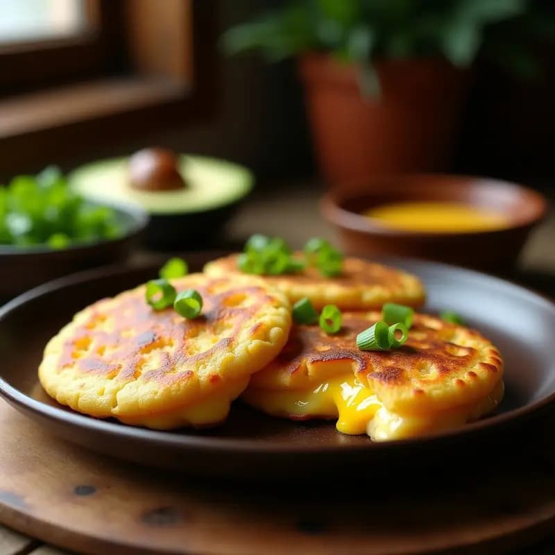 Arepas colombianas doradas rellenas de queso derretido, con trozos de maíz tierno visible en la masa, servidas en un plato rústico con cilantro fresco y rodajas de aguacate al lado.