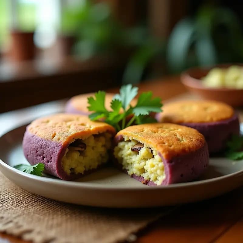 Arepas doradas de yautía abiertas por la mitad, rellenas de un mofongo verde oscuro de champiñones portobello, decoradas con cilantro fresco y aceitunas verdes sobre un plato de madera rústica.