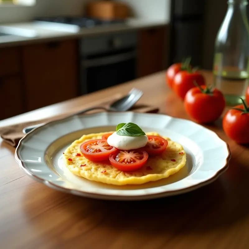 Arepas dominó venezolanas de 3 capas con queso mozzarella derretido y rodajas de tomate rojo, apiladas en forma de torre sobre un plato blanco rústico, con hojas de albahaca fresca y un chorrito de aceite de oliva.