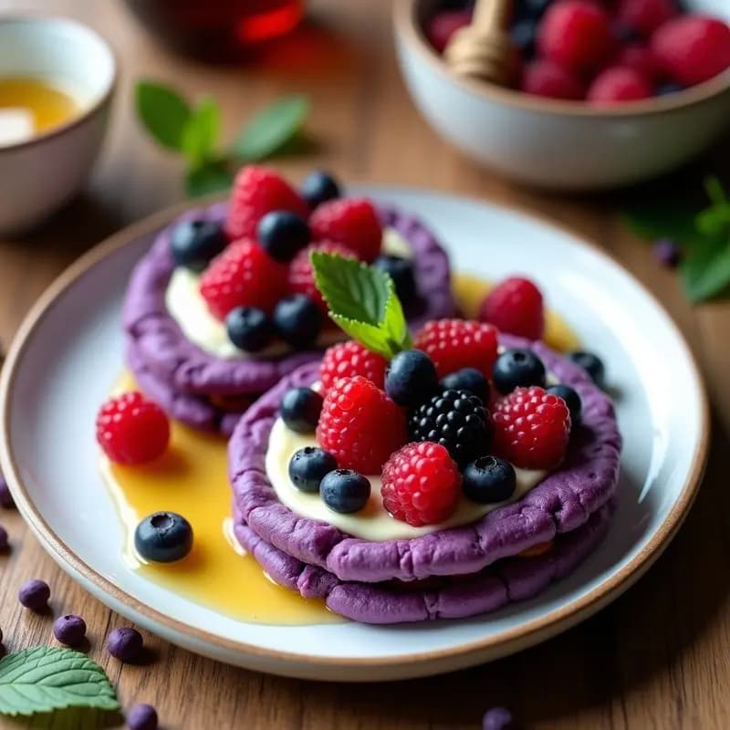Plato blanco con dos arepas dulces de maíz morado abiertas y rellenas de crema de queso requesón, decoradas con frutos rojos frescos y un hilo de miel dorada. Fondo con hojas de menta y granos de maíz morado dispersos.