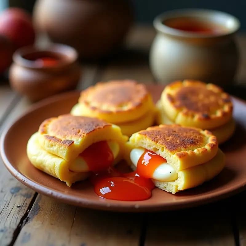 Arepas dulces de maíz doradas, rellenas de queso blanco desmenuzado y mermelada de guayaba brillante, servidas en un plato de barro rústico con fondo de mesa de madera.