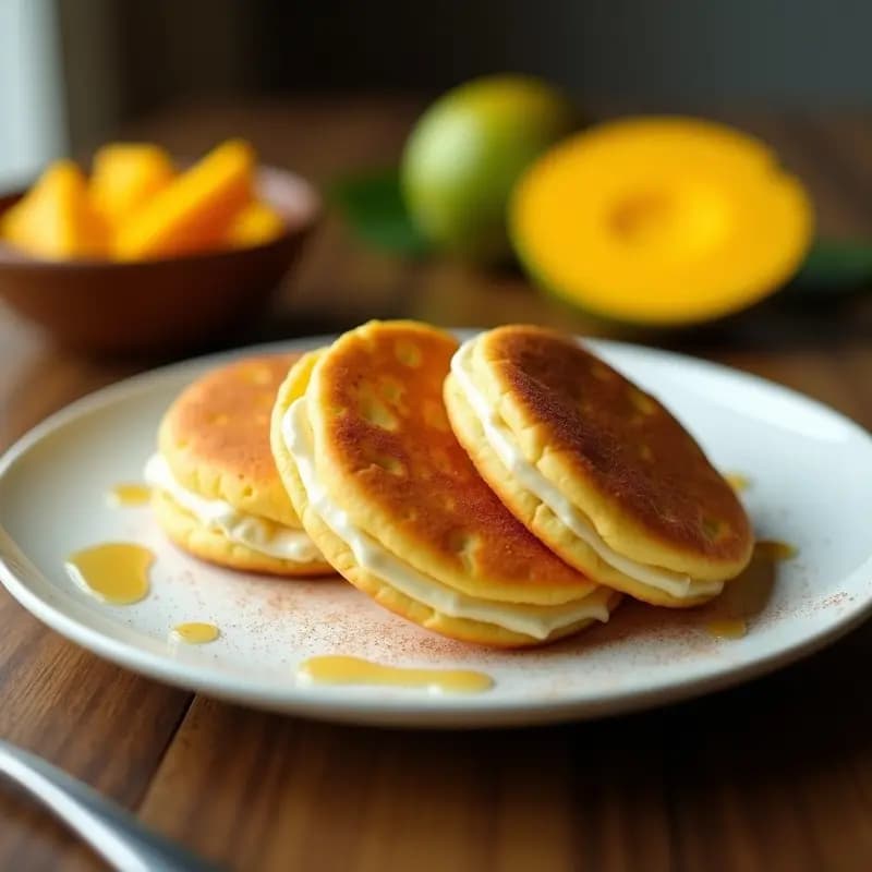 Arepas dulces de maíz y queso crema vegano doradas por fuera, con textura esponjosa y un toque de canela, servidas en un plato de cerámica blanca con frutas frescas al lado.