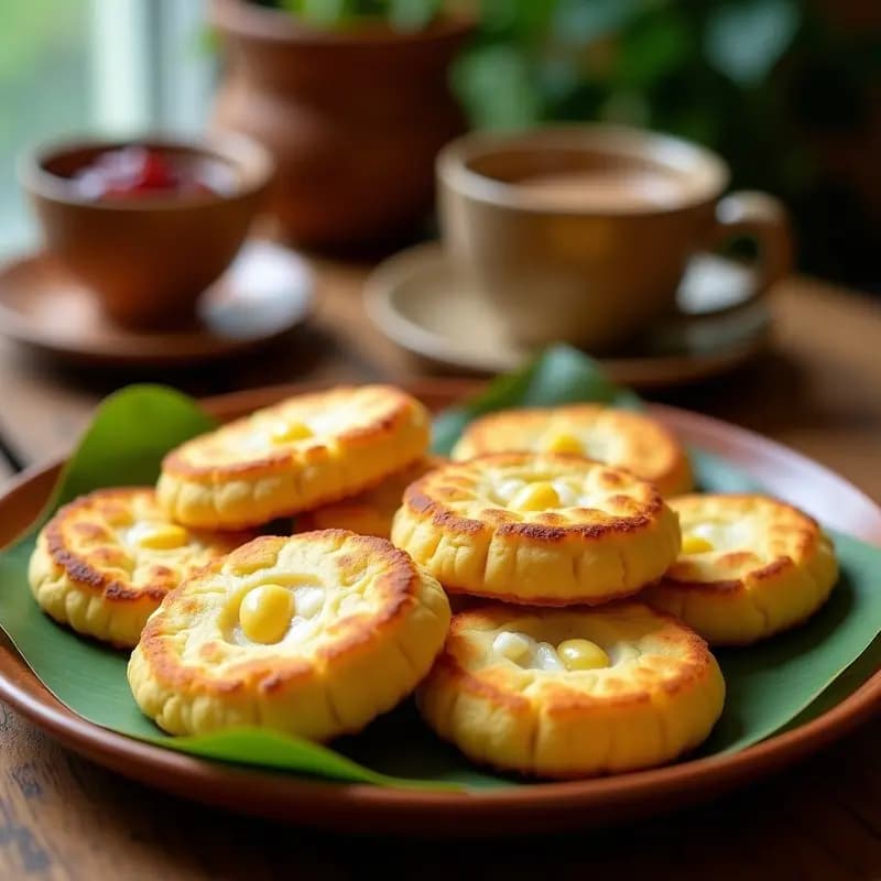 Arepas dulces de maíz tierno y queso colombianas, doradas y esponjosas, con trozos de queso campesino visibles, servidas en un plato rústico de barro con fondo de hoja de plátano.