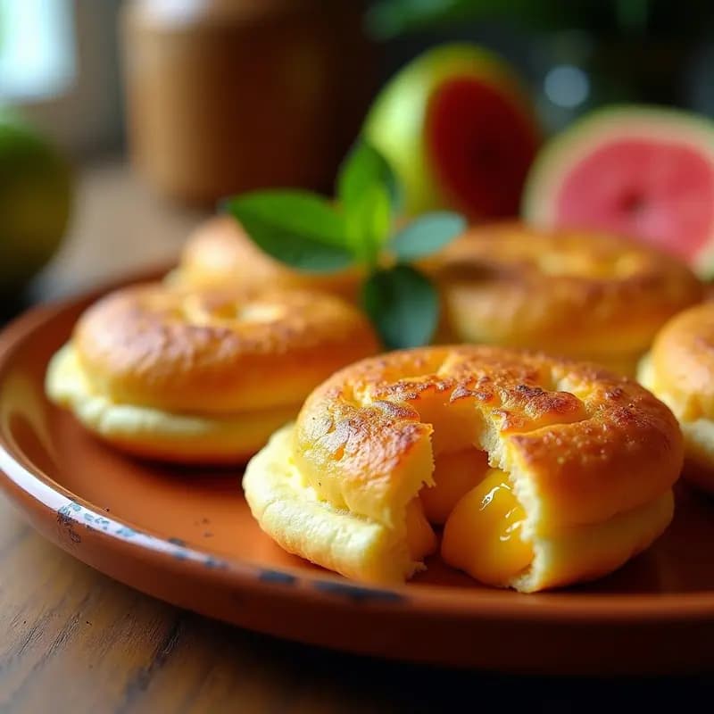Arepas dulces doradas en airfryer con relleno de queso derretido y guayaba, servidas en un plato rústico de barro con hojas de menta y rodajas de guayaba fresca al lado.