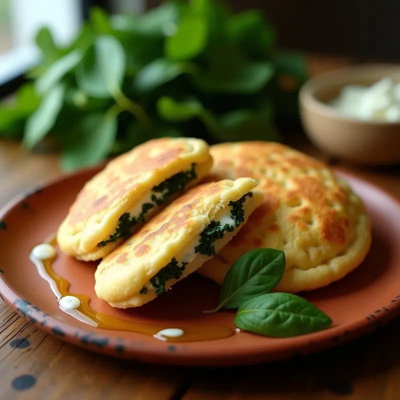 Arepas colombianas doradas y esponjosas hechas con harina de almendra, rellenas de espinacas frescas y queso de cabra cremoso, servidas en un plato rústico de barro con un fondo de hojas verdes.