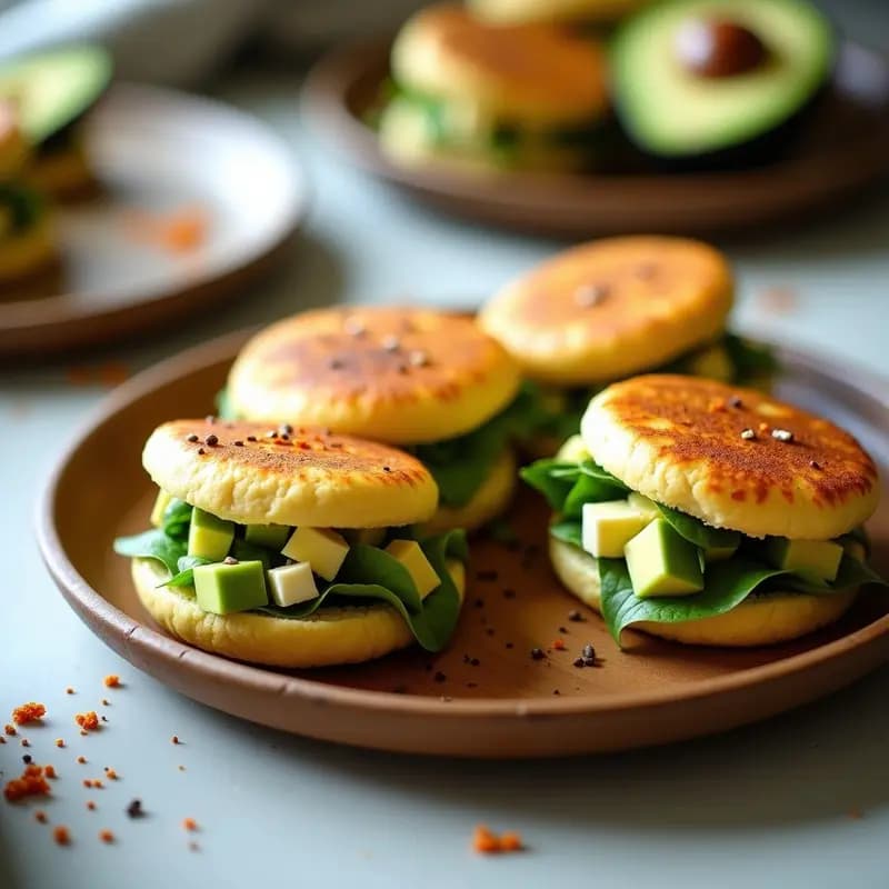 Arepas doradas de espinacas y queso feta vegano con aguacate en láminas, servidas en un plato de madera rústico con semillas de sésamo tostadas y un chorrito de aceite de oliva.