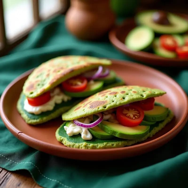 Arepas venezolanas de color verde azulado por la espirulina, rellenas de queso vegano cremoso y sofrito de pimentón rojo y cebolla morada, servidas en plato de barro con perejil fresco. Receta alta en proteínas y sin gluten.