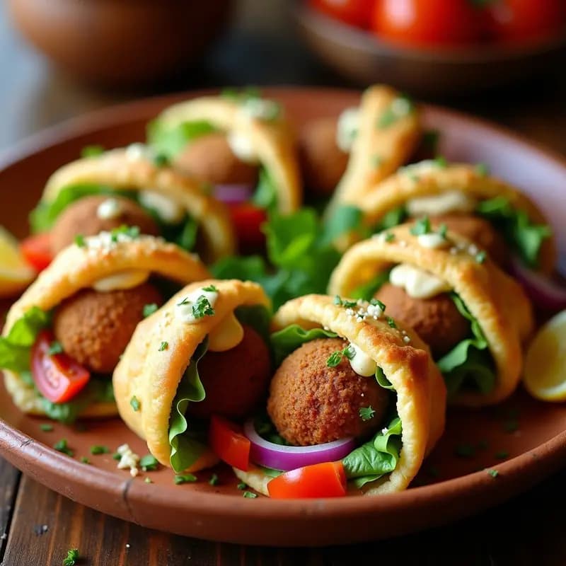 Arepas doradas y crujientes rellenas de falafel de garbanzos fritos, salsa de tahini cremosa, lechuga morada y tomate fresco, servidas en un plato rústico de barro.