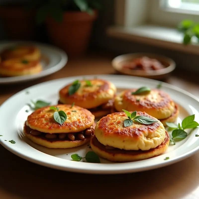 Arepas doradas y crujientes abiertas por la mitad, rellenas de feijoada brasileña espesa con trozos de chorizo y lomo de cerdo, cubiertas con queso coalho gratinado y farofa de yuca toastada. Plato servido en un mantel rústico con hojas de cilantro fresco.
