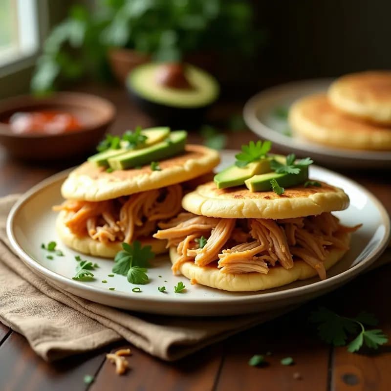 Arepas doradas y esponjosas rellenas de gallina desmenuzada jugosa y aguacate cremoso, servidas en un plato de barro con cilantro fresco y queso rallado, receta colombiana tradicional para desayuno.