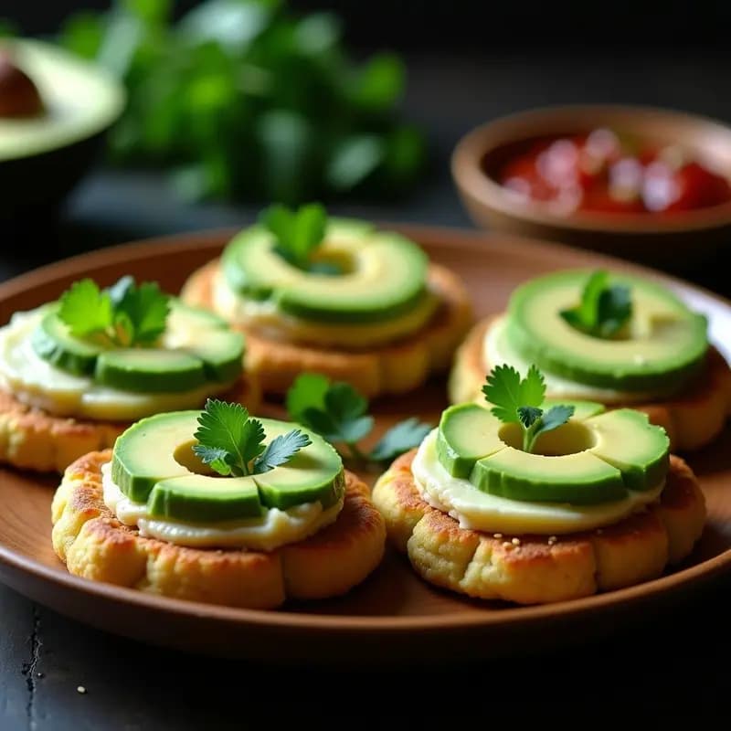 Plato rústico con arepas doradas de garbanzo y espinacas, coronadas con láminas cremosas de avocado y cilantro fresco, sobre fondo de madera con semillas de sésamo visibles.