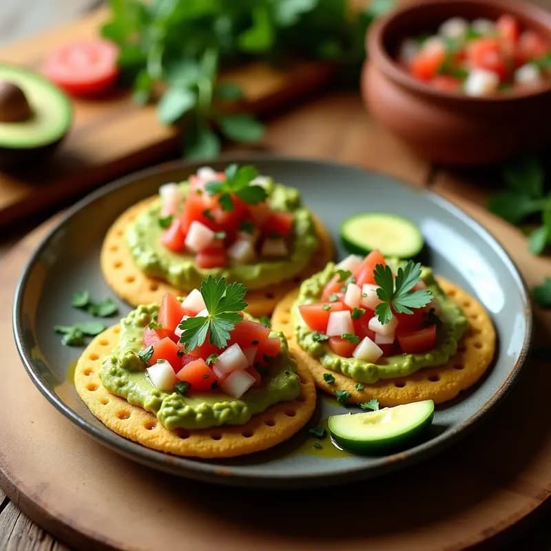 Plato colorido con arepas doradas de garbanzo abiertas, rellenas de guacamole cremoso y pico de gallo fresco, decoradas con cilantro. Desayuno colombiano vegano y sin gluten.