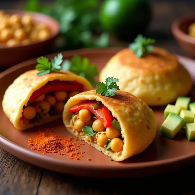 Arepas doradas y crujientes de garbanzo rellenas de pabello pepiado vegano con jackfruit, pimientos asados y cilantro, servidas en un plato rústico de barro con aguacate al lado. Receta colombiana sin gluten.