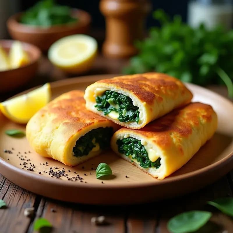 Arepas doradas y crujientes rellenas de queso halloumi gratinado y espinacas salteadas, servidas en un plato de madera rústico con un toque de limón y hierbas frescas al fondo. Receta venezolana sin gluten cocinada en airfryer.