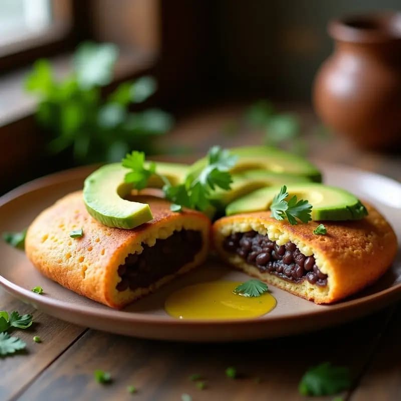 Plato con arepas doradas de harina de arroz abiertas por la mitad, rellenas de frijoles negros refritos y aguacate cremoso, decoradas con cilantro fresco. Receta venezolana sin gluten.