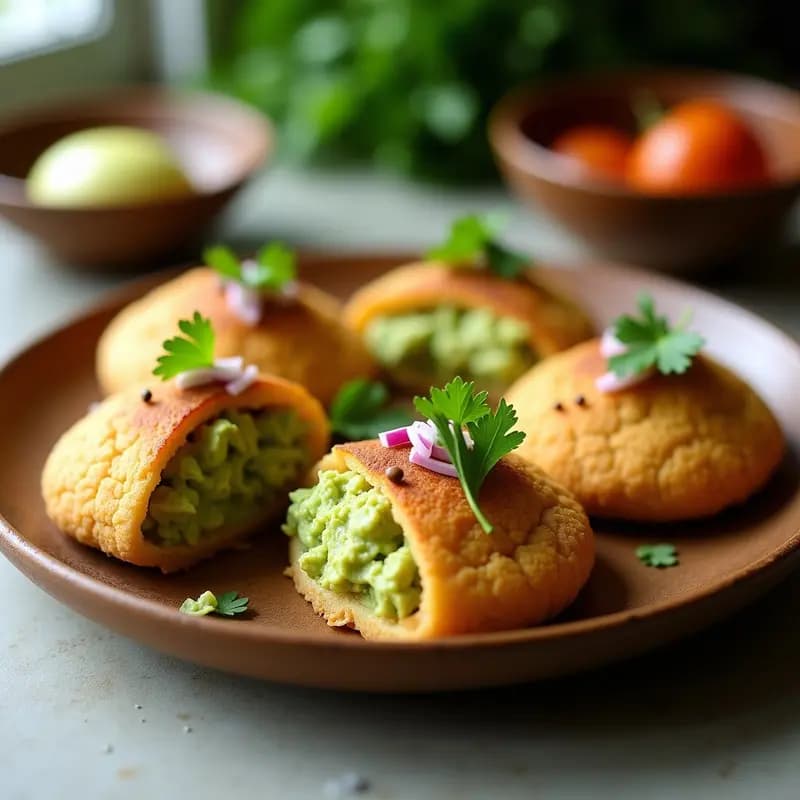 Arepas doradas y crujientes de harina de arroz abiertas por la mitad, rellenas de una mezcla cremosa de aguacate verde y garbanzos tostados, decoradas con trocitos de cebolla morada y cilantro fresco sobre un plato de madera rústico.