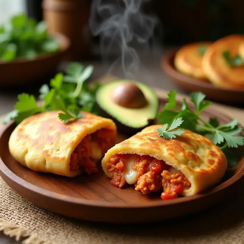 Arepas doradas de harina de arroz abiertas por la mitad, rellenas de pollo desmenuzado en salsa de ajo y perejil, y queso mozzarella derretido, sobre un plato de madera con aguacate en rodajas.