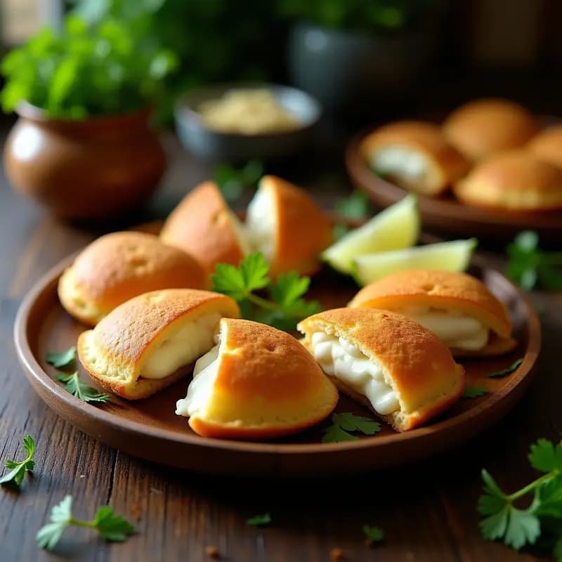 Arepas doradas y esponjosas de harina de ceva rellenas de queso de anacardo cremoso, servidas en un plato de madera con cilantro fresco y rodajas de limón, receta colombiana vegana y sin maíz.