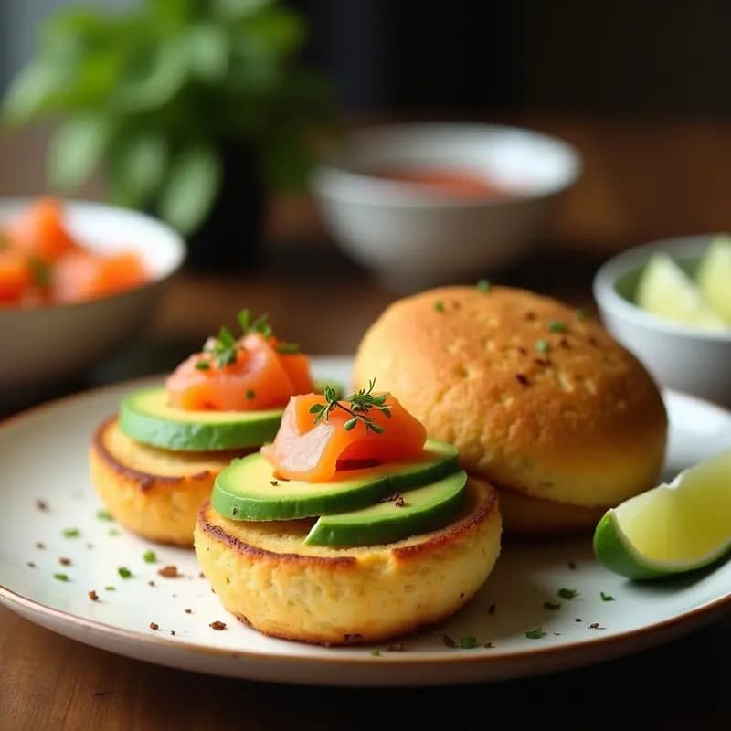 Arepas doradas de harina de coco keto abiertas por la mitad, rellenas de puré de aguacate cremoso y láminas de salmón ahumado, decoradas con eneldo fresco. Plato sobre fondo rústico de madera con toques de limón y aceite de coco.