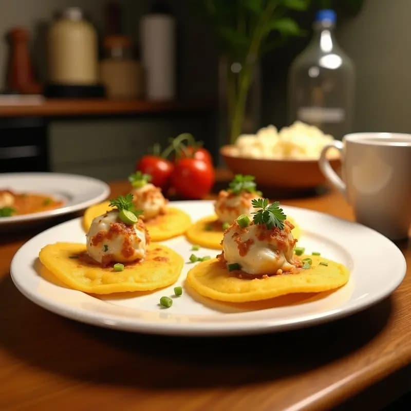 Arepas doradas y esponjosas de harina de coco y queso de almendras, apiladas en un plato de madera rústico con semillas de sésamo visibles en la superficie. Acompañadas de rodajas de aguacate y hojas de cilantro fresco, sobre un fondo claro con textura de lino.