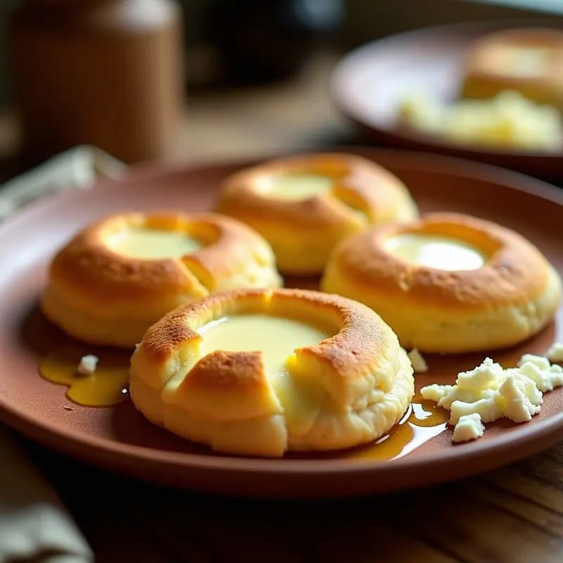Arepas venezolanas doradas y esponjosas de harina de maíz con queso blanco derretido asomando por los bordes, servidas en un plato rústico de barro con un hilo de aceite de oliva.