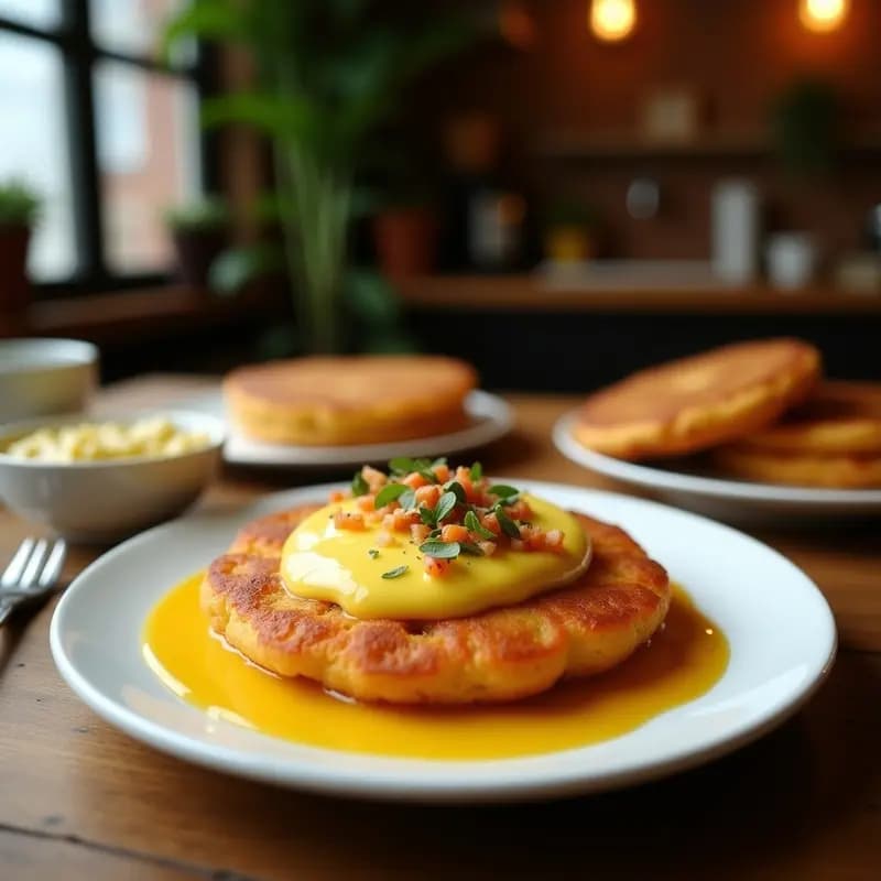 Arepas venezolanas doradas y crujientes rellenas de cubos de queso frito dorado, servidas en un plato rústico de barro con fondo desenfocado. Receta de arepas de harina de maíz con queso frito.