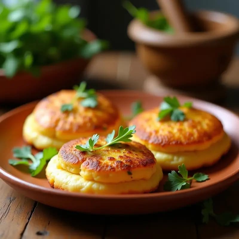 Arepas doradas y crujientes de harina de yucca rellenas de queso de cabra derretido, servidas en un plato de barro con cilantro fresco y un fondo rústico de madera.