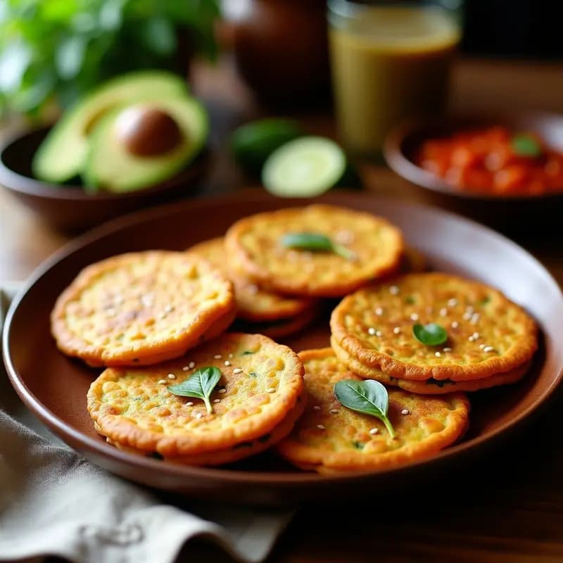 Arepas doradas de lentejas rojas y espinacas servidas en un plato de madera, con semillas de sésamo visibles en la superficie y acompañadas de hogao y aguacate. Receta vegana colombiana sin maíz.