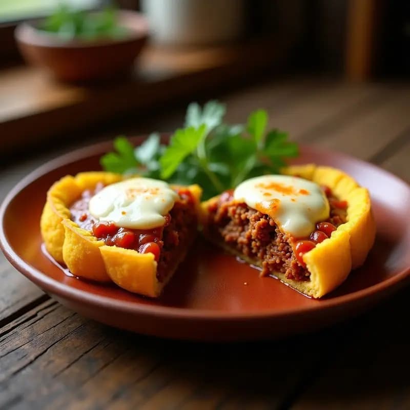 Arepas doradas de maíz amarillo rellenas de carne mechada venezolana, con queso blanco rallado derretido, servidas en un plato de cerámica rústico con fondo de madera oscura.