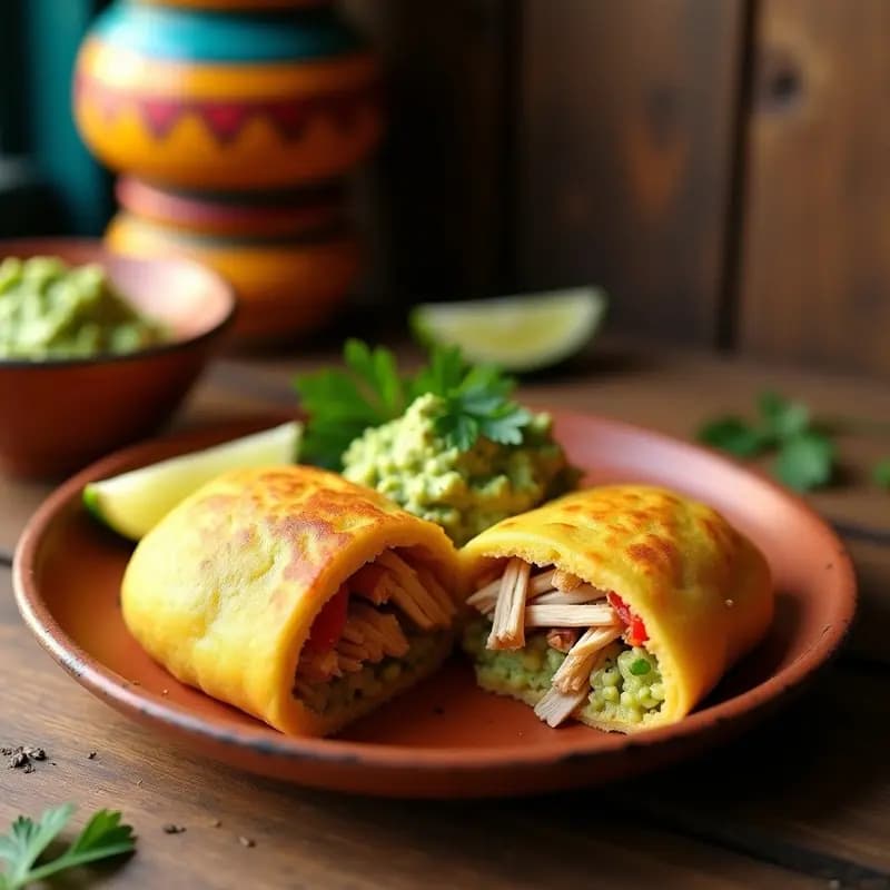 Arepas doradas de maíz amarillo cortadas por la mitad, rellenas de pollo desmenuzado especiado y guacamole cremoso, servidas en un plato de barro con cilantro fresco y limón al lado, receta colombiana en sartén.