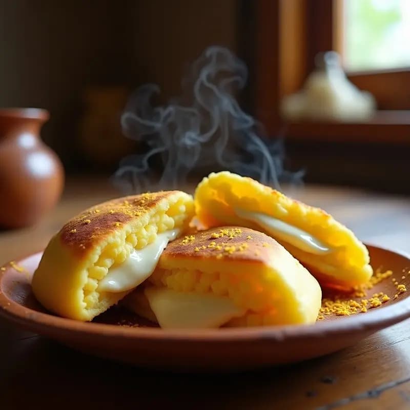 Arepas doradas de maíz amarillo abiertas por la mitad, rellenas de queso de manos derretido, sobre un plato de barro rústico con fondo de cocina tradicional venezolana.