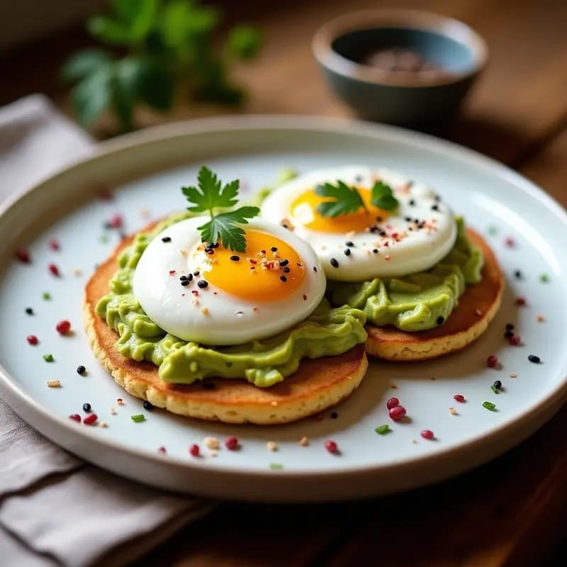 Plato blanco con dos arepas de maíz azul abiertas, rellenas de láminas de aguacate cremoso, huevos poché con yema líquida, cebolla morada picada, cilantro fresco y semillas de sésamo. Desayuno colombiano gourmet con colores vibrantes y texturas contrastantes.