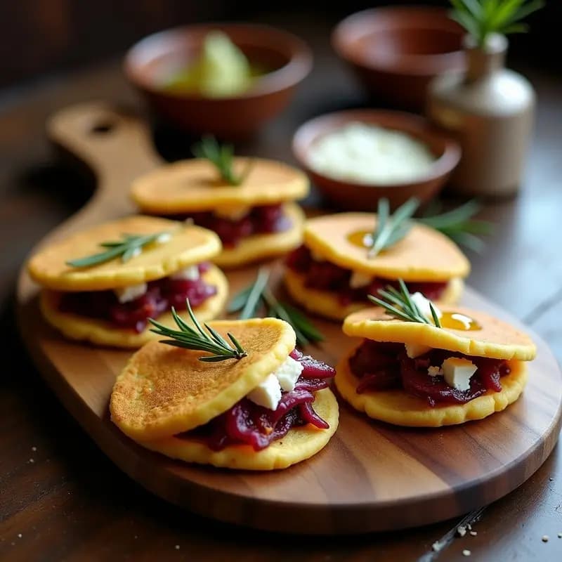 Arepas doradas de maíz azul rellenas de cebolla morada caramelizada y queso de oveja desmenuzado, decoradas con romero fresco sobre una bandeja de madera rústica.