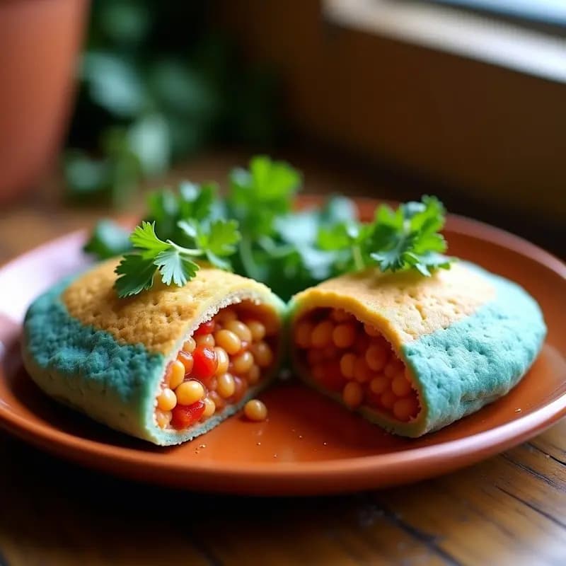 Arepas de maíz azul abiertas con relleno cremoso de frijoles mung y pimentón asado, decoradas con cilantro fresco. Plato vegano y sin gluten con colores vibrantes, servido en un plato rústico de barro.