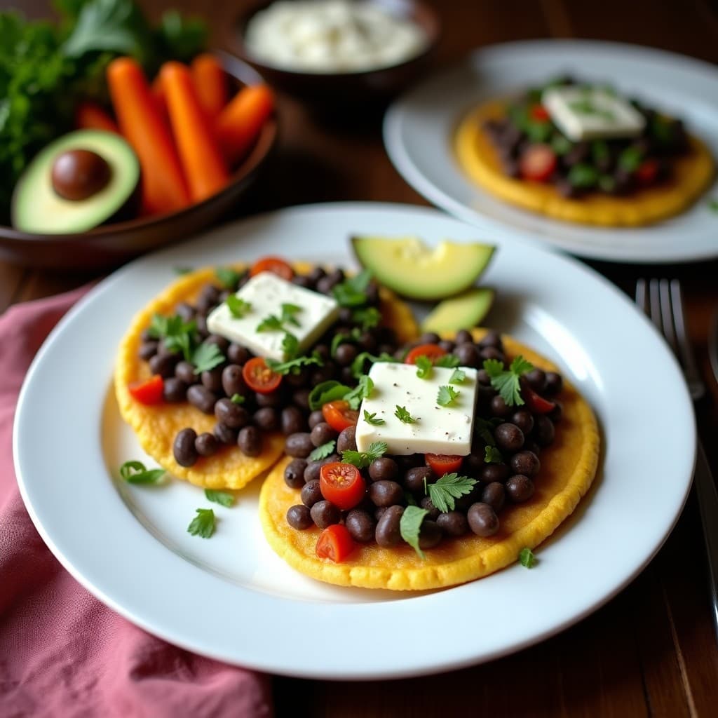 Arepas de maíz azul recién horneadas, abiertas por la mitad y rellenas de frijoles negros especiados y queso vegano cremoso, servidas en un plato de barro con cilantro fresco y rodajas de limón al lado. Receta venezolana autentica.