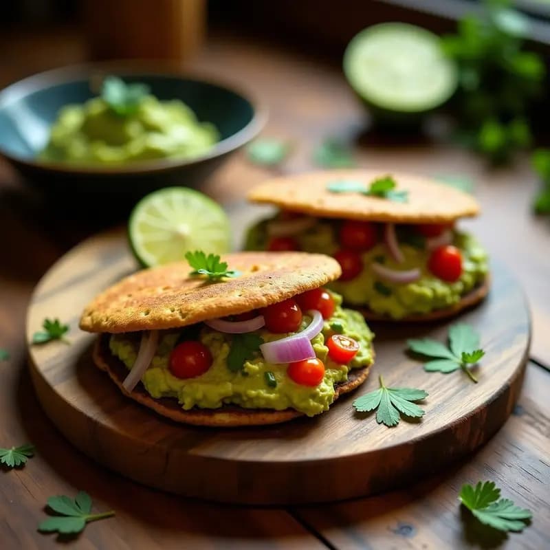 Arepas doradas de maíz azul rellenas de guacamole cremoso y bañadas en salsa de chipotle, servidas en un plato de barro con semillas de sésamo. Receta colombiana vegana y sin gluten.