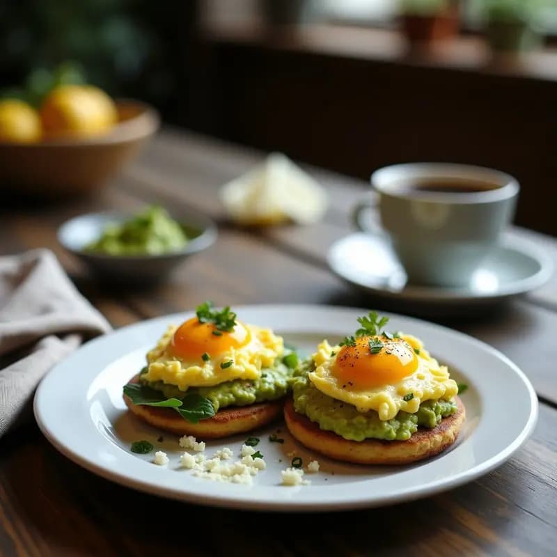 Plato con dos arepas de maíz azul abiertas, rellenas de guacamole cremoso verde y huevos revueltos amarillos con cebollín, sobre fondo rústico de madera oscura. Receta de desayuno colombo-venezolano rápido y nutritivo.